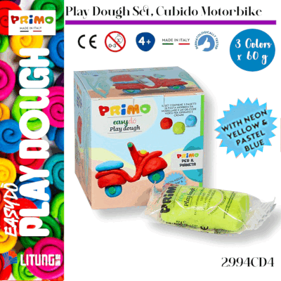 Primo 3色軟造型麵團- 立方體"摩托車"套裝(包括霓虹黃和淡藍色3x60g (Primo Play Dough Motorbike Set (include Ueno Yellow and Plaster Blue, 3x60g